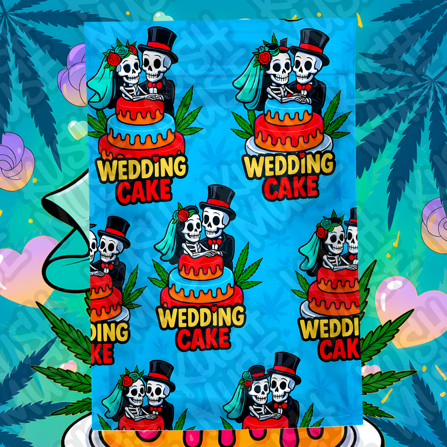 Wedding Cake 3.5g Mylar Bag – Skeleton Couple Weed Packaging – Front & Back Design