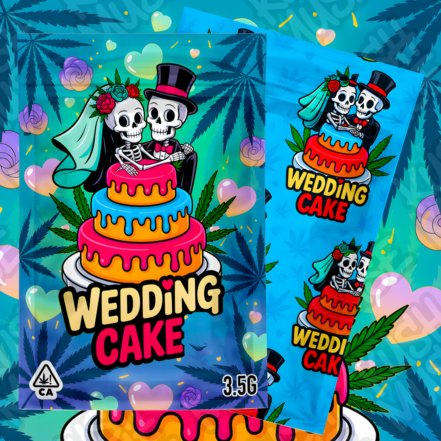 Wedding Cake 3.5g Mylar Bag – Skeleton Couple Weed Packaging – Front & Back Design