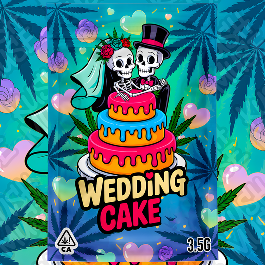 Wedding Cake 3.5g Mylar Bag – Skeleton Couple Weed Packaging – Front & Back Design